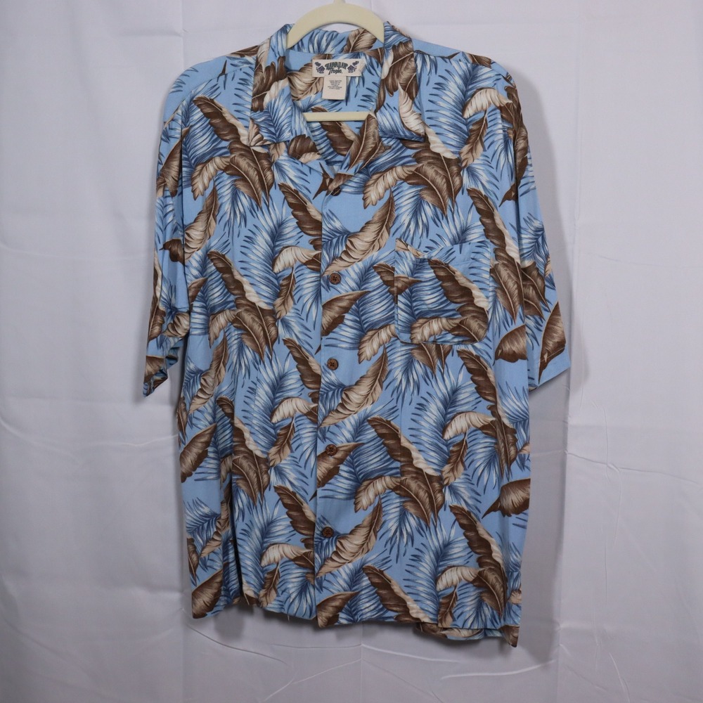 Hawaiian Tropic Button Down Shirt Mens XL Blue Brown Palm Leaf Rayon Aloha Shirt